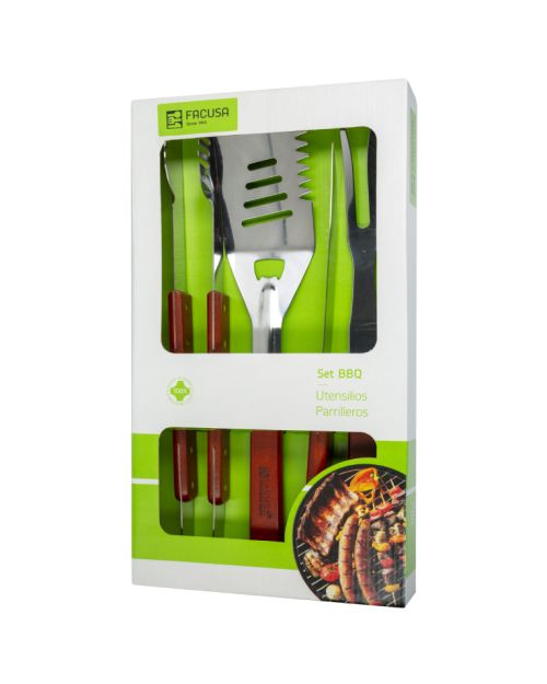 Set parrillero con cuchillo, pinza, espátula y trinche