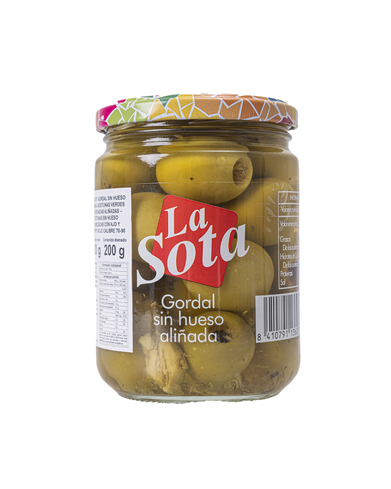 Aceitunas sin hueso aderezadas ajo y pimiento rojo