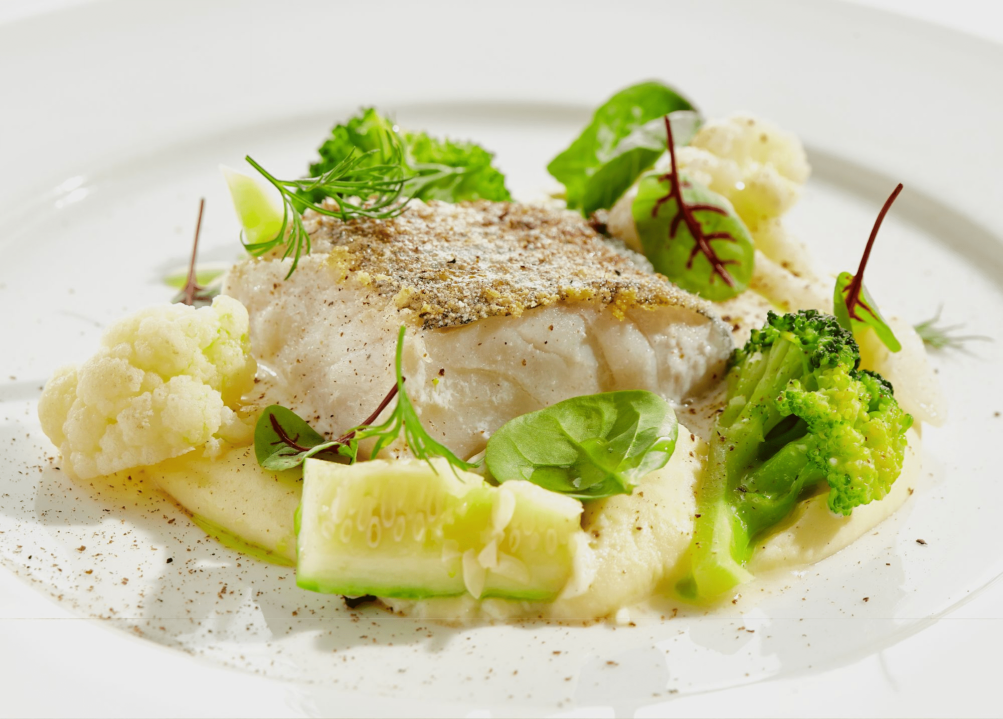 Pescado Blanco con Puré de Plátano, Vegetales  Vinagreta de Café