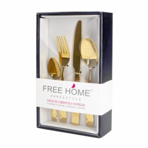 Juego De Cubiertos Diseño Diamond Mirror Dorado 4 Puestos FREE HOME X 16 Piezas