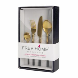 Juego De Cubiertos Color Dorado Mate Con Mango Negro 4 Puestos FREE HOME X 16 Piezas