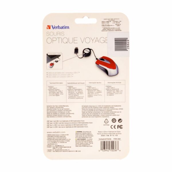 Mouse Óptico Conector USB-C Ideal Para Viajes VERBATIM Con Cable - Imagen 2