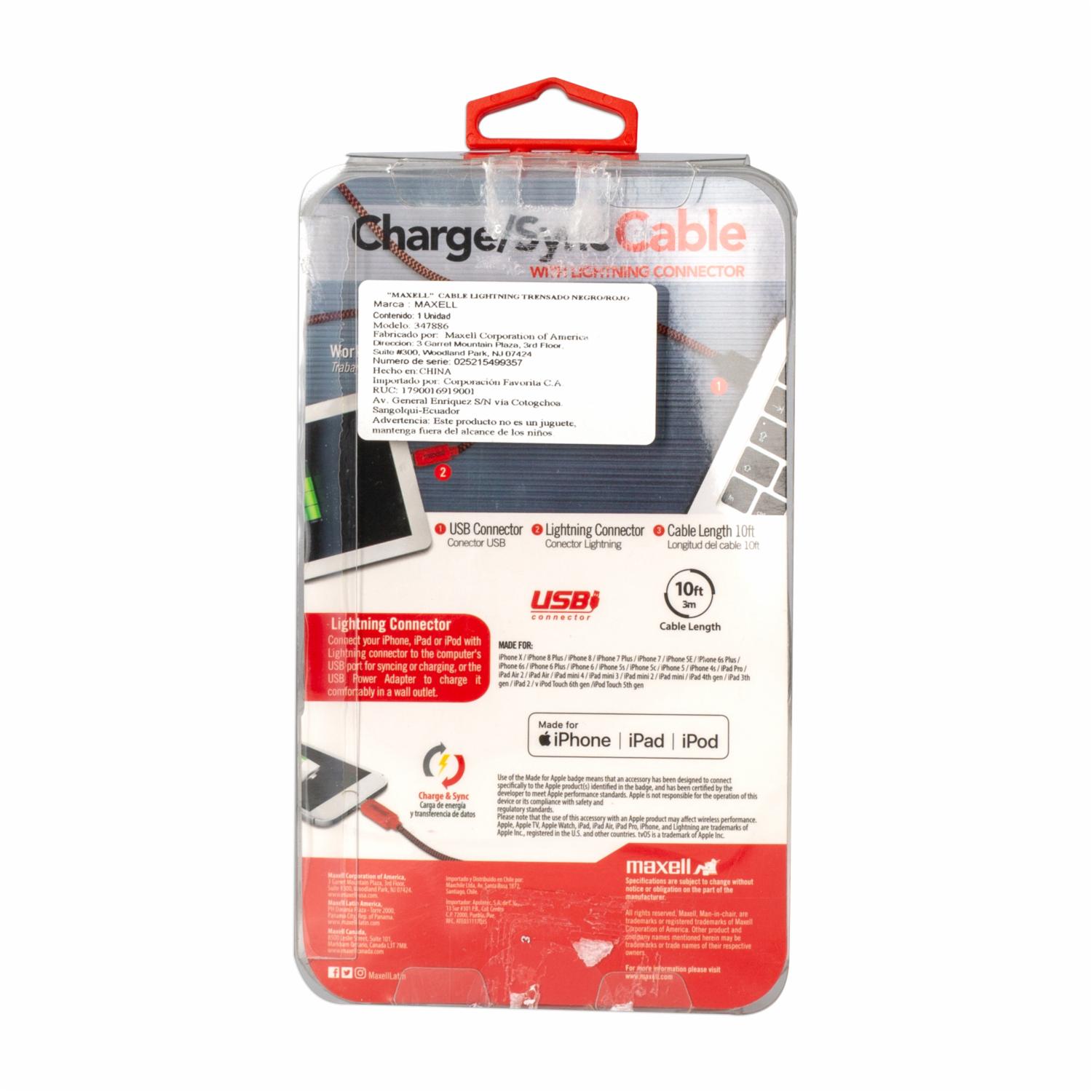 Cable Lightning Trenzado Negro Con Rojo MAXELL 3 Metros - Imagen 2