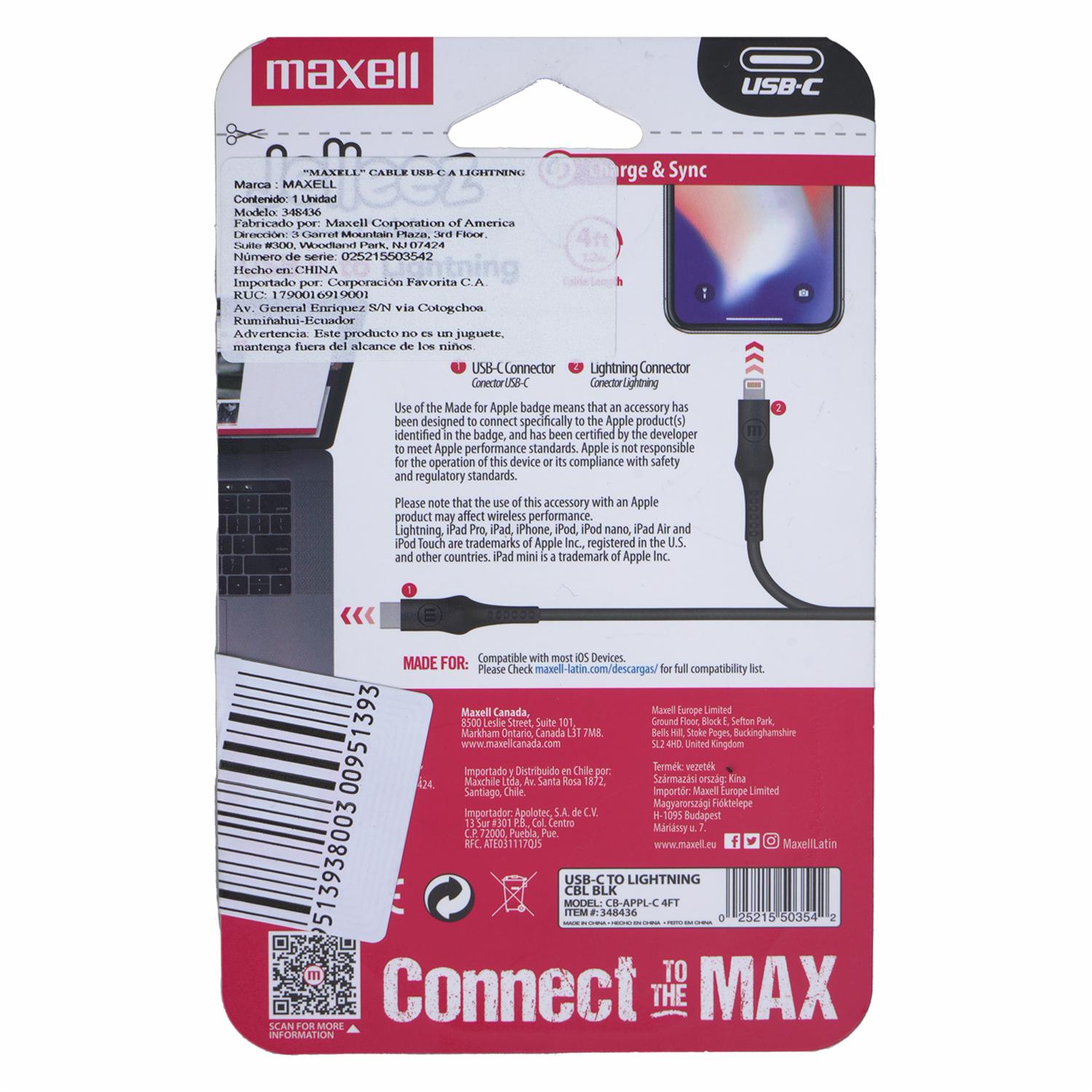 Cable Usb-C A Lightning Negro 4Ft MAXELL Unidad - Imagen 2