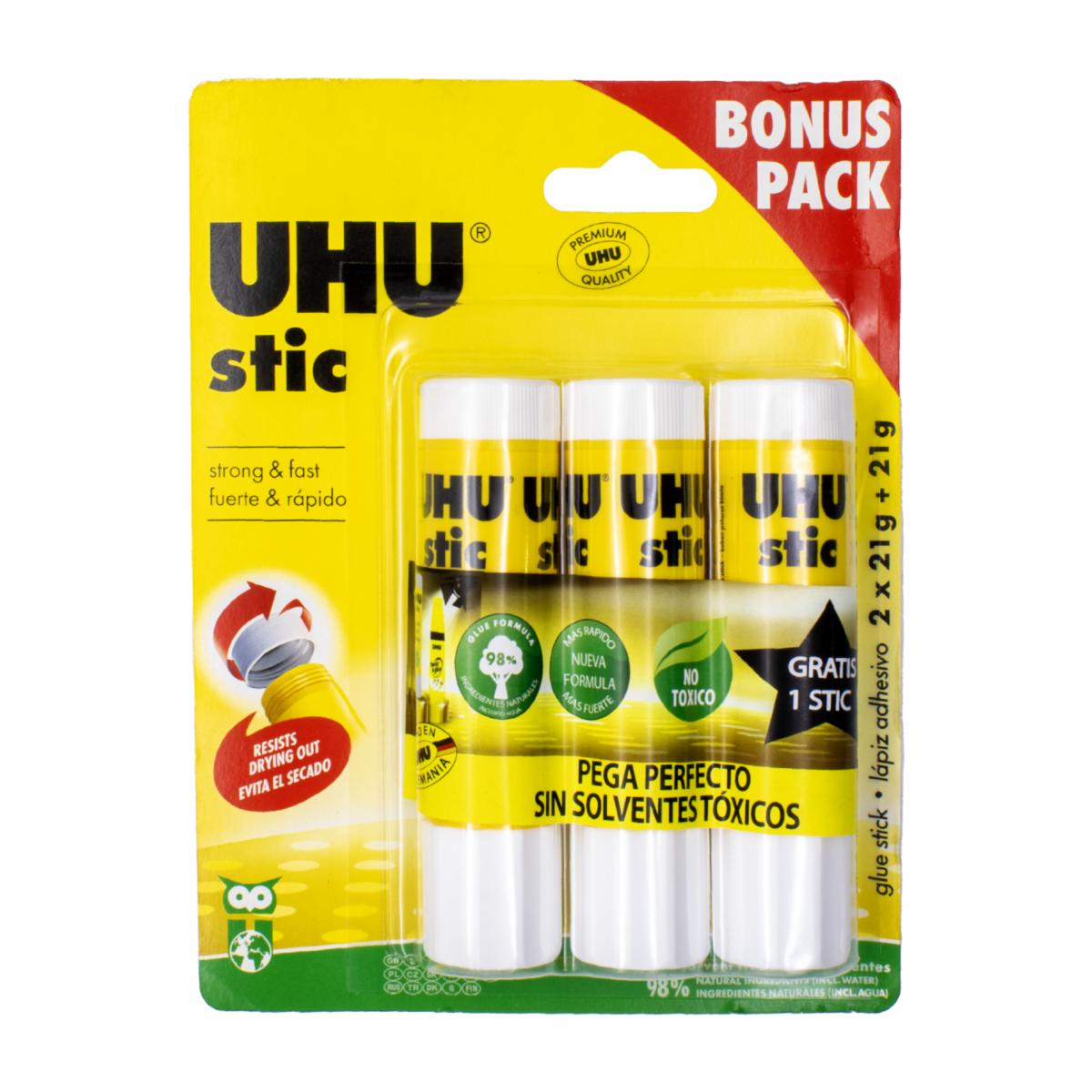 Pegamento Blanco En Barra Stick Sin Solvente UHU Blister 2+1