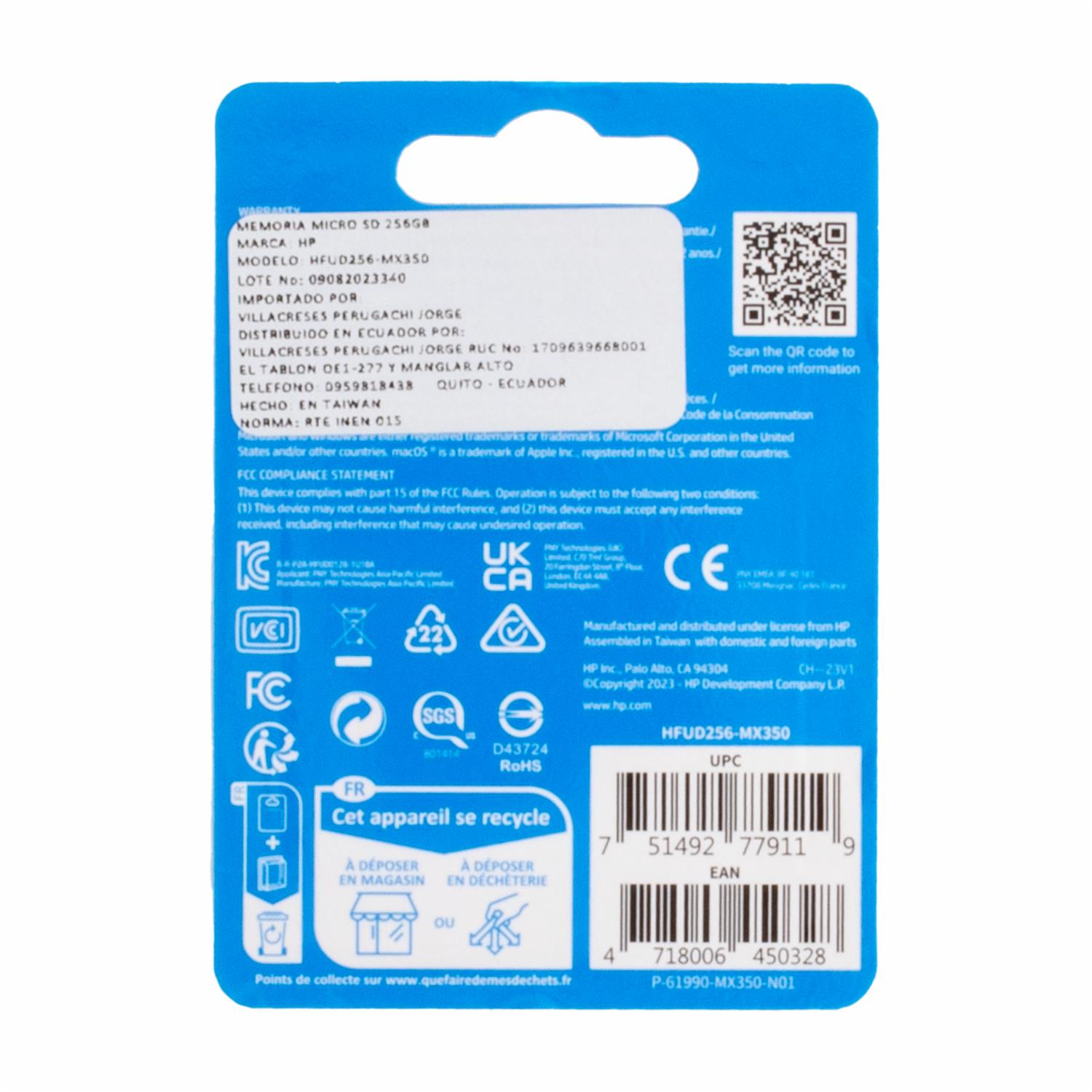 Memoria Micro SD Mx350 HP 256 Gb