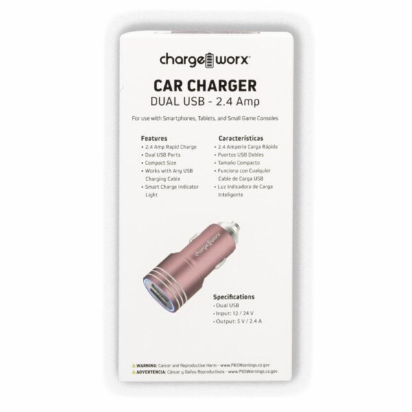 Cargador Doble USB Coche Oro Rosa CHARGE WORX 2,4 Amp - Imagen 2