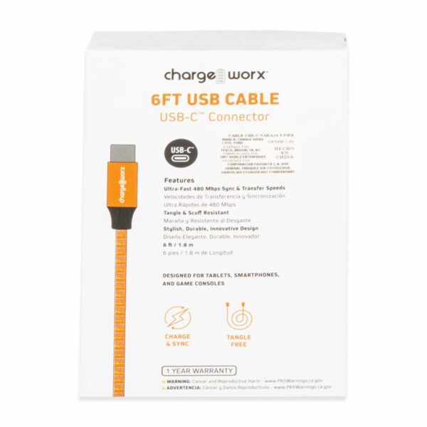 Cable Usb-c Naranja CHARGE WORX 6 Pies - Imagen 2