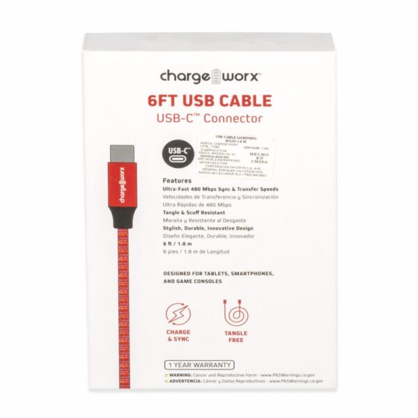 Cable Usb-c Rojo CHARGE WORX 6 Pies - Imagen 2