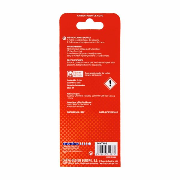 Ambiental Para Auto Papel Fragancia Strawberry MENTOS 5.9 G - Imagen 2