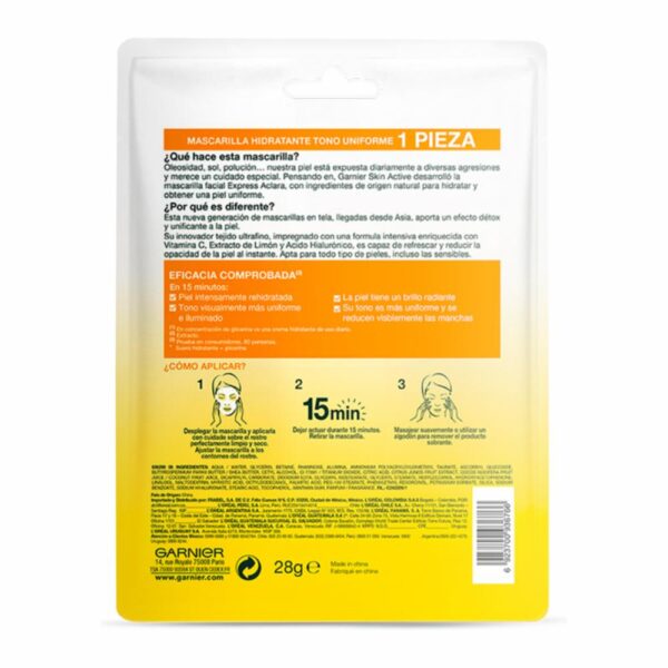 Mascarilla Facial En Tela Tono Uniforme De Vitamina C + Limón GARNIER L´ORÉAL 1 Pza 28 G - Imagen 7