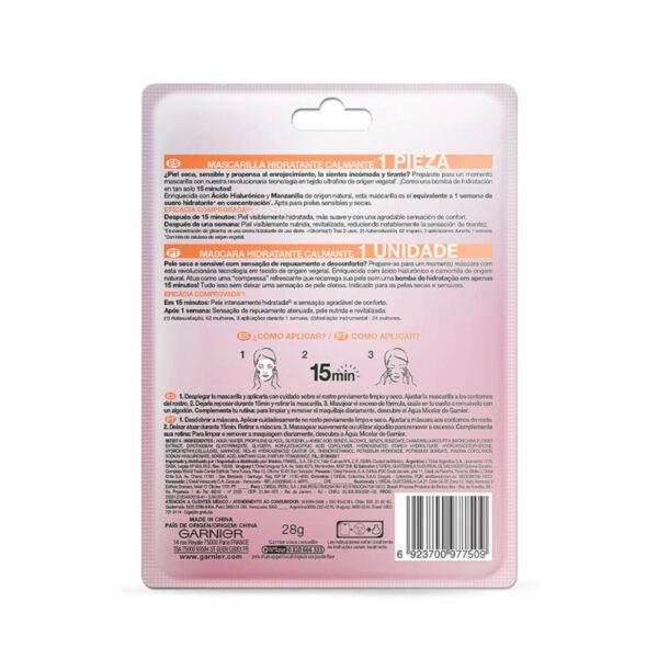 Mascarilla Facial En Tela Hidra Bomb Hidratante Calmante GARNIER L´ORÉAL 1 Pza 28 G - Imagen 3