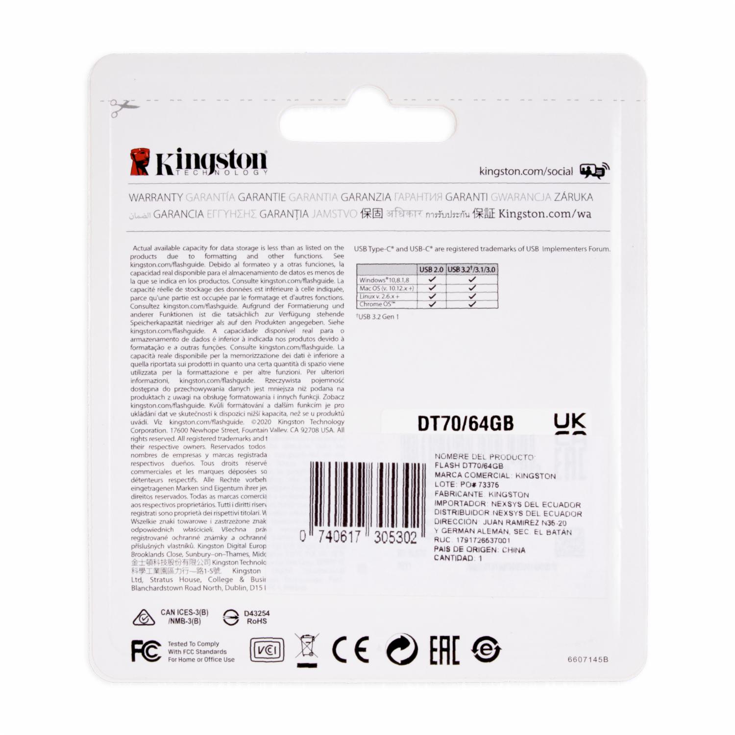 Memoria Flash USB-C 3.2 Gen 1 70 KINGSTON 64 Gb