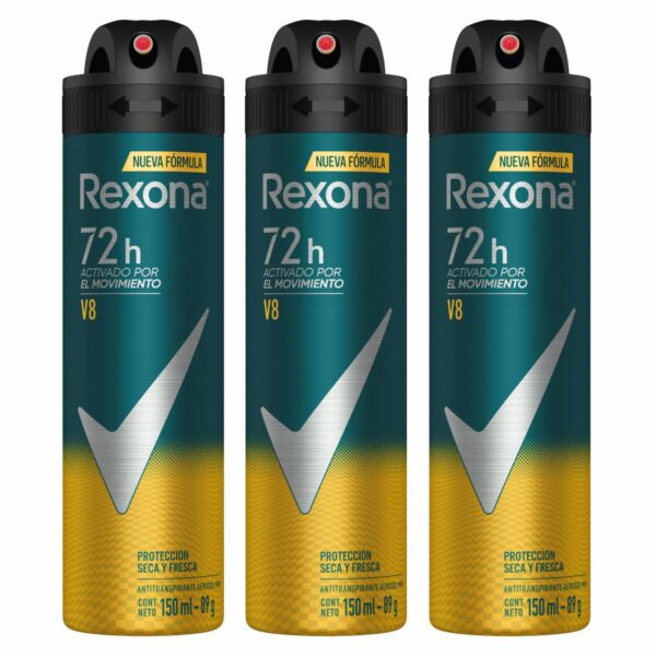 Desodorante En Aerosol Para Caballero V8 Nueva Fórmula REXONA 3 X 150 Ml