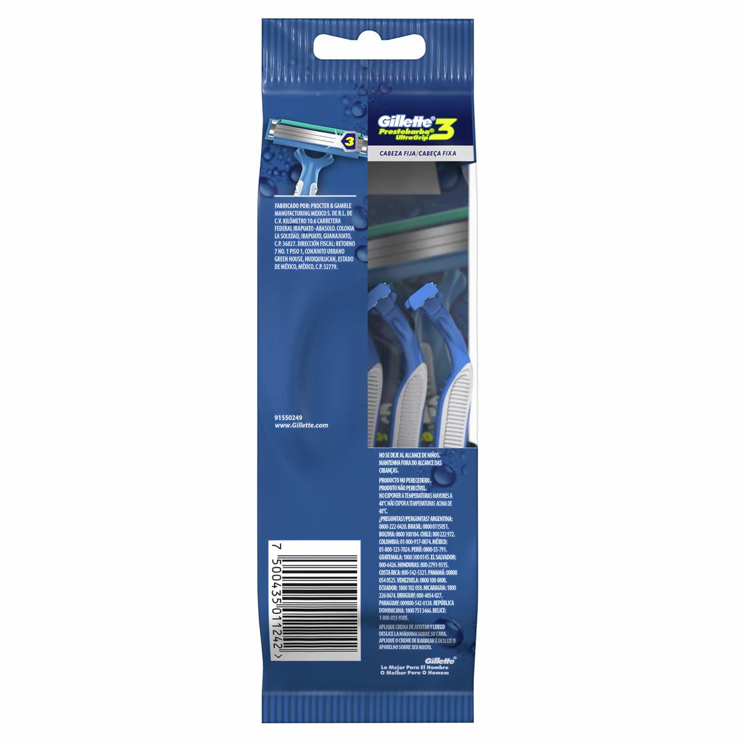 Afeitadora Desechable Caballero Prestobarba 3 Ultragrip Cabeza Fija GILLETTE X 4 Uds - Imagen 2