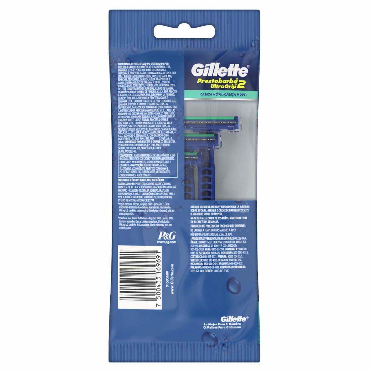 Afeitadora Desechable Prestobarba 3 Ultragrip Cabeza Móvil GILLETTE X 3 Uds