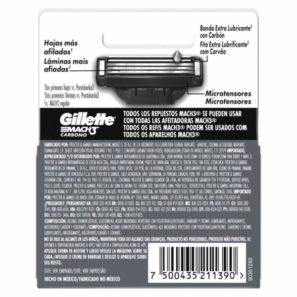 Repuesto Afeitadora Caballero Mach 3 Carbono GILLETTE X 2 Uds - Imagen 2