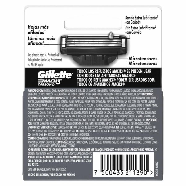 Repuesto Afeitadora Caballero Mach 3 Carbono GILLETTE X 2 Uds - Imagen 2