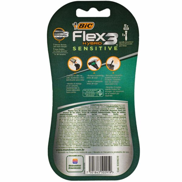 Afeitadora Desechable Caballero Hybrid Flex 3 Sensitive BIC 1+ 5 Repuestos - Imagen 2