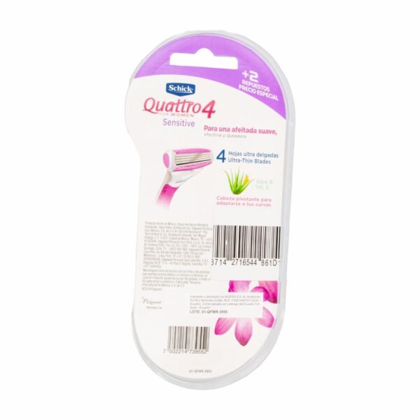 Máquina De Afeitar Dama Quattro 4 Sensitive SCHICK 2 Cartuchos - Imagen 2