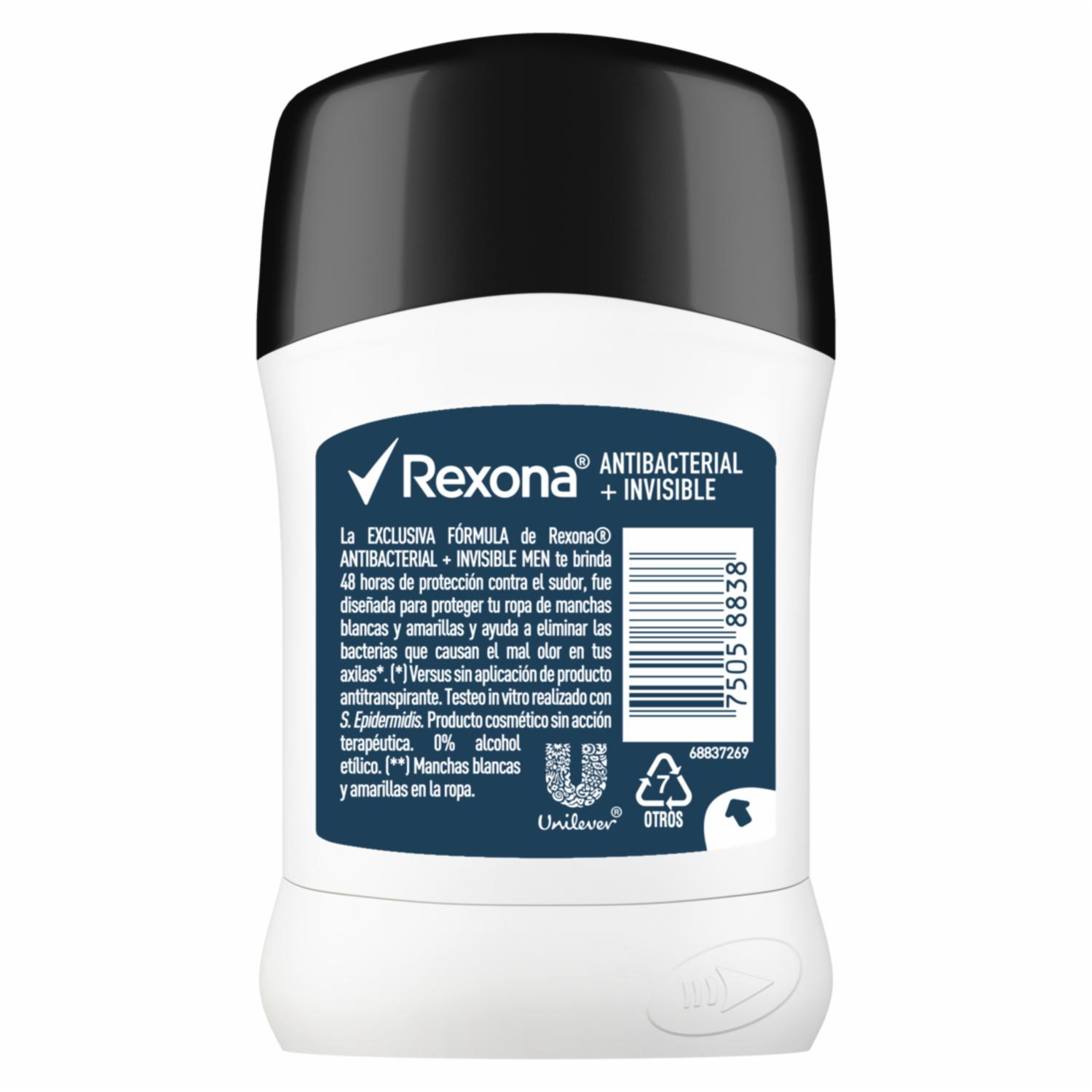 Desodorante En Barra Para Caballero Invisible Antibacterial REXONA 50 G - Imagen 2