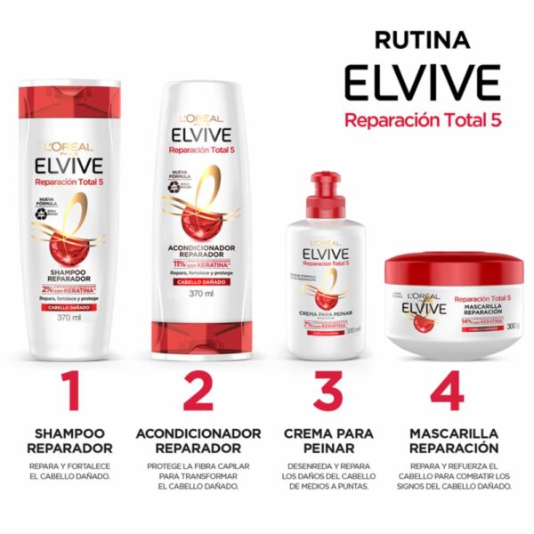 Crema Para Peinar Reparación Total 5 Para Cabello Dañado ELVIVE L´ORÉAL 300 Ml - Imagen 4