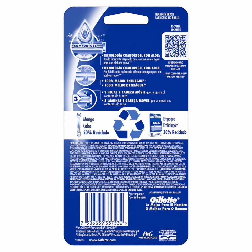 Afeitadora Desechable Caballero Prestobarba 3 Sensitive Con Aloe GILLETTE X 4 Uds - Imagen 2
