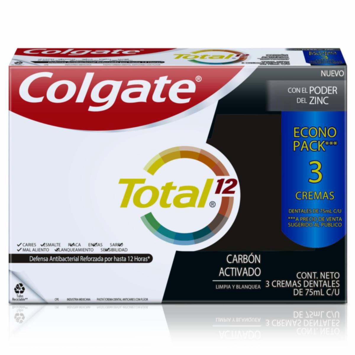 Crema Dental Total 12 Carbón Activado Con Zinc COLGATE 3 X 75 Ml - Imagen 9