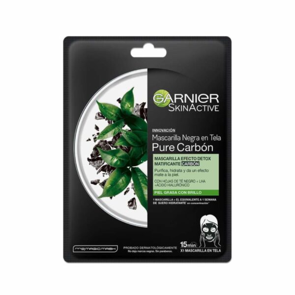 Mascarilla Facial En Tela Detox Matificante Carbón Para Piel Grasa GARNIER L´ORÉAL 1 Pza 28 G - Imagen 2
