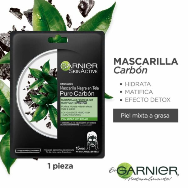 Mascarilla Facial En Tela Detox Matificante Carbón Para Piel Grasa GARNIER L´ORÉAL 1 Pza 28 G - Imagen 3