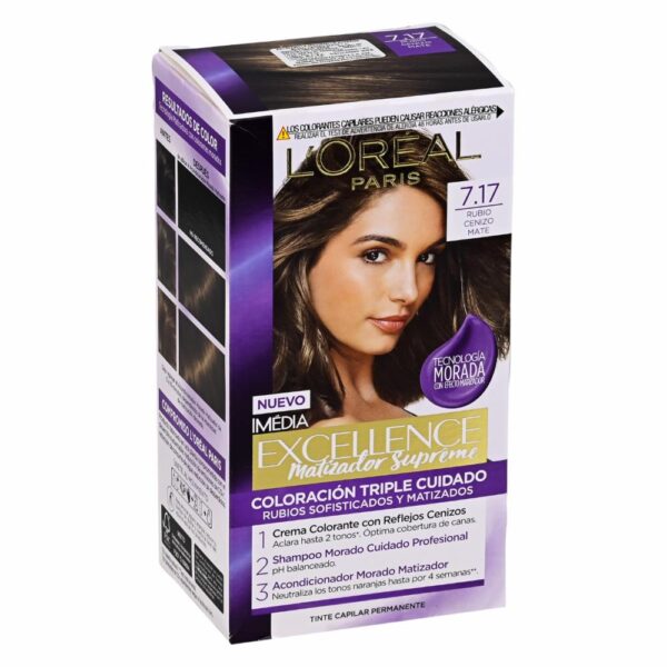 Tinte Para Cabello Matizador Supreme Tono 7.17 Rubio Cenizo Mate EXCELLENCE L´ORÉAL 1 Kit