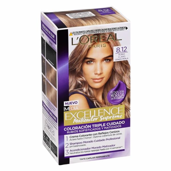 Tinte Para Cabello Matizador Supreme Tono 8.12 Rubio Claro Cenizo Perla EXCELLENCE L´ORÉAL 1 Kit