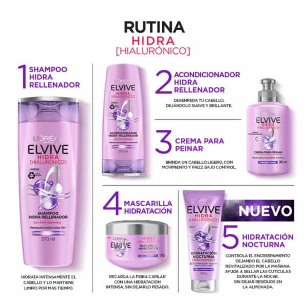 Acondicionador Capilar Hidra Hialurónico Rellenador Para Cabello Deshidratado ELVIVE L´ORÉAL 370 Ml - Imagen 3