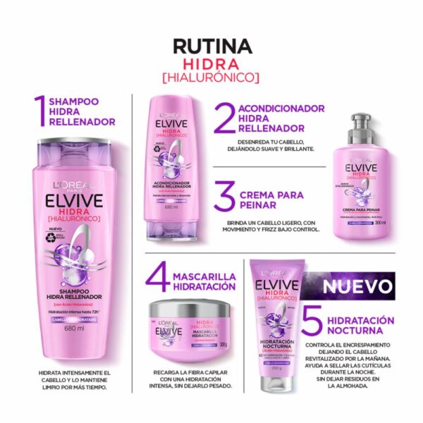 Acondicionador Capilar Hidra Hialurónico Rellenador Para Cabello Deshidratado ELVIVE L´ORÉAL 680 Ml - Imagen 4