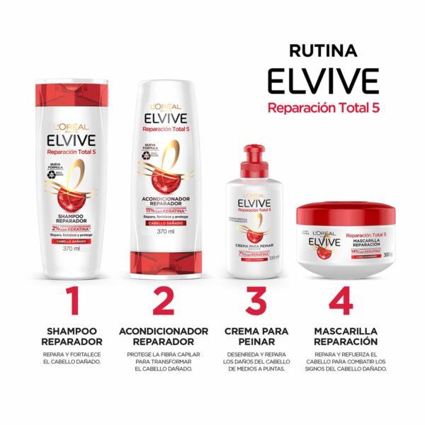 Shampoo Capilar Reparación Total 5 Para Cabello Dañado ELVIVE L´ORÉAL 370 Ml - Imagen 5