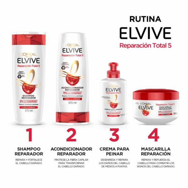 Acondicionador Capilar Reparación Total 5 Para Cabello Dañado ELVIVE L´ORÉAL 370 Ml - Imagen 4