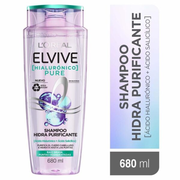 Shampoo Capilar Hialurónico Pure Para Raíz Grasa Y Puntas Deshidratadas ELVIVE L´ORÉAL 680 Ml
