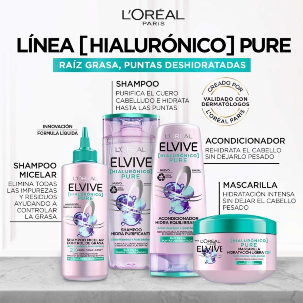 Mascarilla Capilar Hialurónico Pure Para Raíz Grasa Y Puntas Deshidratadas ELVIVE L'ORÉAL 300 G - Imagen 5