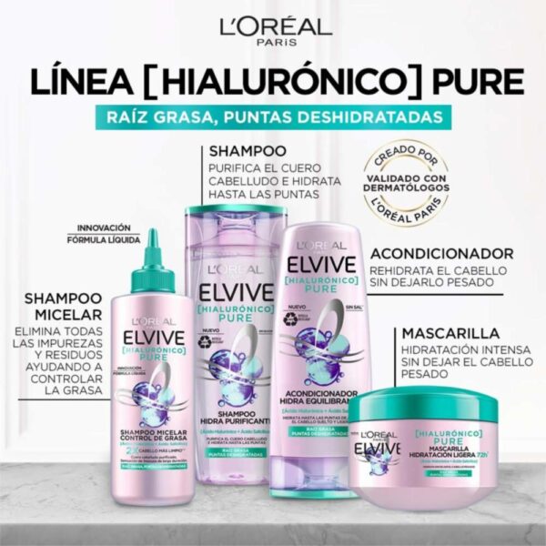 Mascarilla Capilar Hialurónico Pure Para Raíz Grasa Y Puntas Deshidratadas ELVIVE L´ORÉAL 300 G - Imagen 5