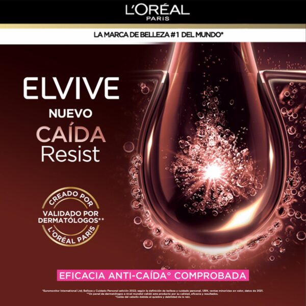 Shampoo Capilar Caída Resist Con Aminexil + Cafeína Para Cabello Quebradizo ELVIVE L´ORÉAL 370 Ml - Imagen 3