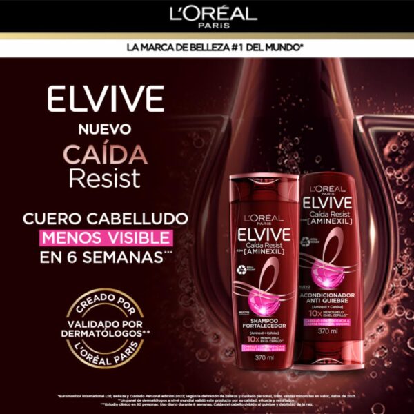 Shampoo Capilar Caída Resist Con Aminexil + Cafeína Para Cabello Quebradizo ELVIVE L´ORÉAL 370 Ml - Imagen 5