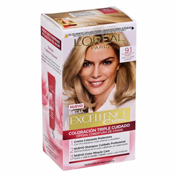 Tinte Para Cabello Tono 9.1 Rubio Muy Claro Cenizo EXCELLENCE L´ORÉAL 1 Kit