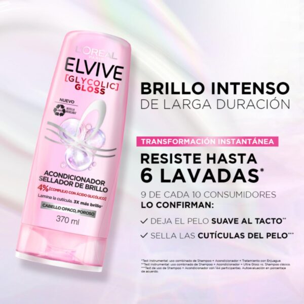 Acondicionador Capilar Glycolic Gloss Para Cabello Opacos Poroso ELVIVE L´ORÉAL 370 Ml - Imagen 7