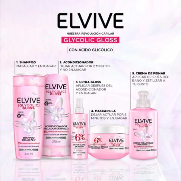 Crema Para Peinar Glycolic Gloss Para Cabello Opacos Poroso ELVIVE L´ORÉAL 300 Ml - Imagen 5