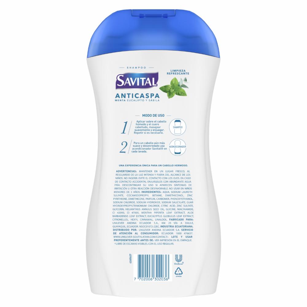 Shampoo Anticaspa Menta Y Eucalipto SAVITAL 510 Ml - Imagen 2