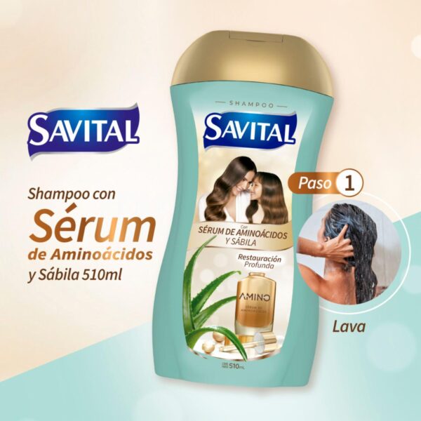 Shampoo Para Cabello Con Serúm De Aminoácidos Y Sábila SAVITAL 510 Ml - Imagen 3