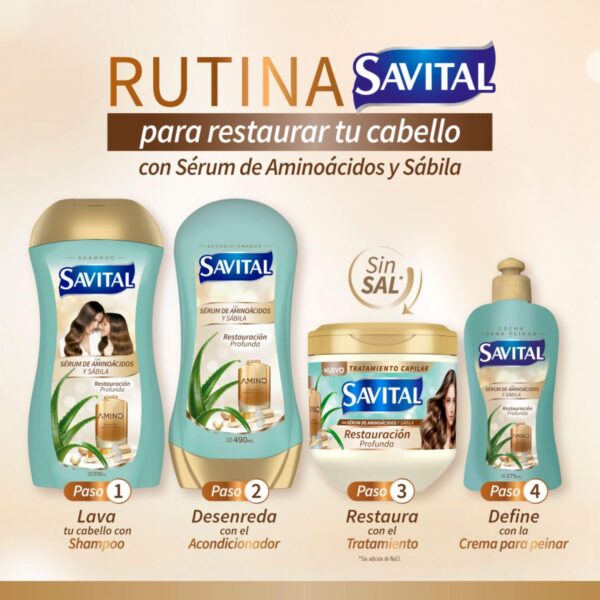 Crema Tratamiento Capilar Con Serúm De Aminoácidos Y Sábila Restauración Profunda SAVITAL 425 Ml - Imagen 4