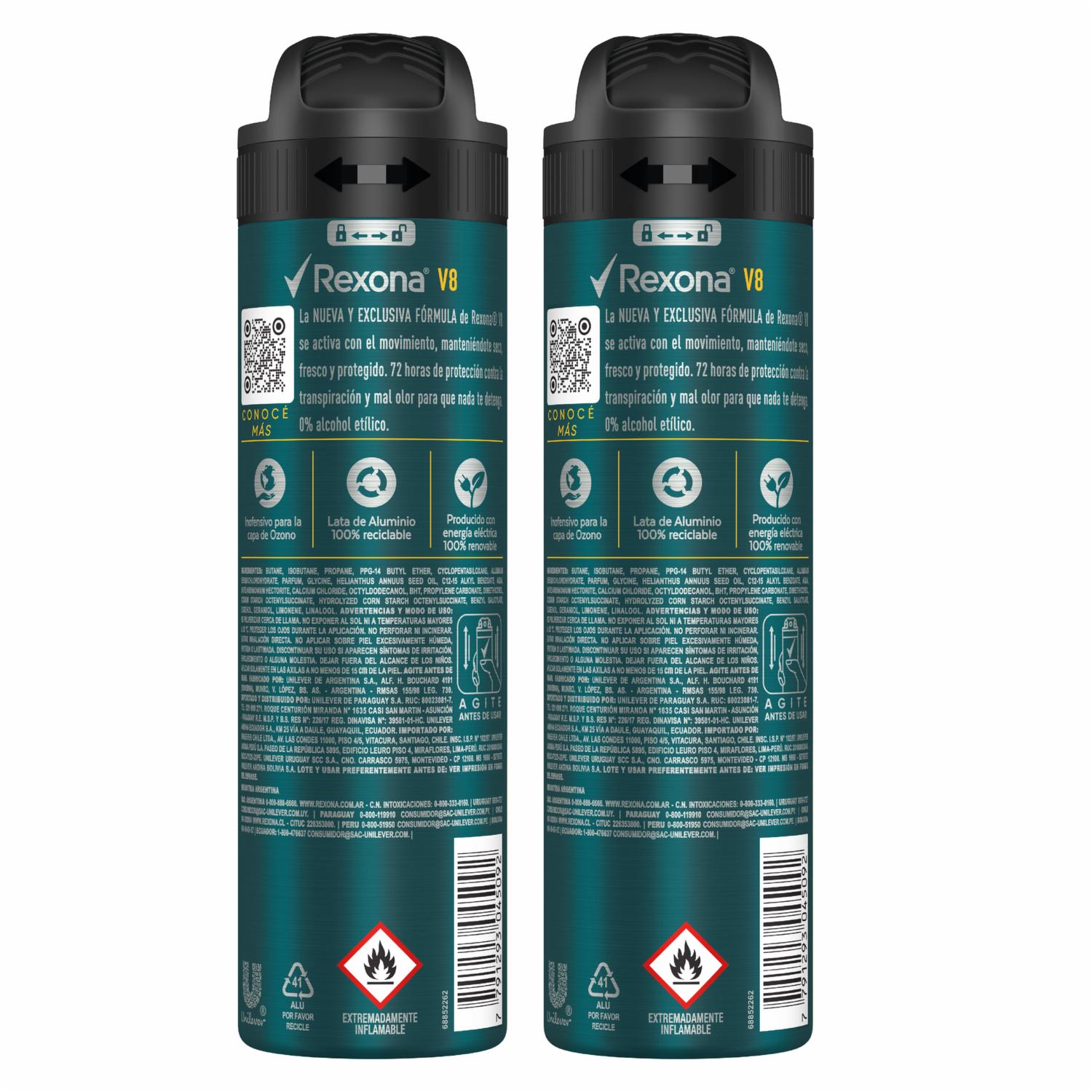 Desodorante En Aerosol Para Caballero V8 Nueva Fórmula REXONA 2 X 90 G - Imagen 2