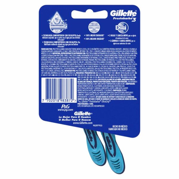 Afeitadora Desechable Caballero Prestobarba 3 Fresh Con Eucalipto GILLETTE X 2 Uds - Imagen 2