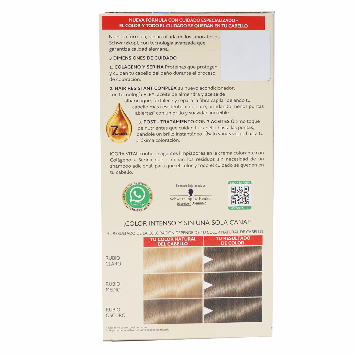 Tinte De Cabello Capilar Doble Tubo Rubio Medio 7-00 IGORA VITAL Unidad